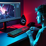 **A gamer intensely focused on their monitor, playing Valorant.  Ethernet cable plugged into PC, low graphics settings visible on screen.  RGB keyboard and mouse. Dark room.  Illustration, dynamic lighting.**