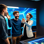A diverse group of professional young adults, two males and two females, fully clothed in modest, modern attire, gathered around a large monitor in a brightly lit, contemporary gaming lounge. They are laughing and giving high-fives, sharing a moment of triumph and camaraderie, with abstract, futuristic game interface graphics on the screen. The scene emphasizes positive teamwork and friendship. Perfect anatomy, correct proportions, natural pose, well-formed hands, proper finger count, natural body proportions, professional photography, high quality, safe for work, appropriate content, family-friendly.