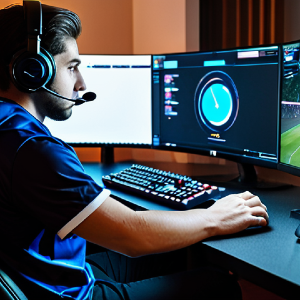 A focused professional esports player, fully clothed in a modest, appropriate esports jersey and professional athletic trousers, is seated at a high-tech gaming desk in a modern, well-lit gaming room. Multiple clean, generic game interface screens are visible, emphasizing concentration and the digital precision required in gaming. The environment is tidy and professional, with subtle gaming aesthetics. Professional photography, high-resolution, sharp focus, natural lighting, perfect anatomy, correct proportions, well-formed hands, proper finger count, natural pose, safe for work, appropriate content, family-friendly.