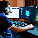 A focused professional esports player, fully clothed in a modest, appropriate esports jersey and professional athletic trousers, is seated at a high-tech gaming desk in a modern, well-lit gaming room. Multiple clean, generic game interface screens are visible, emphasizing concentration and the digital precision required in gaming. The environment is tidy and professional, with subtle gaming aesthetics. Professional photography, high-resolution, sharp focus, natural lighting, perfect anatomy, correct proportions, well-formed hands, proper finger count, natural pose, safe for work, appropriate content, family-friendly.