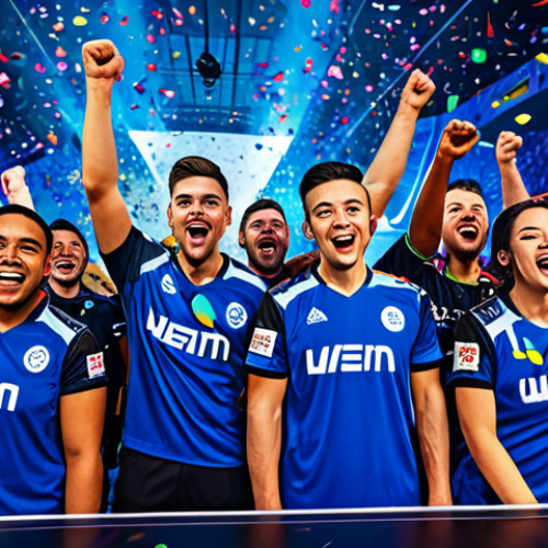**

A team of diverse esports players celebrating a victory, fully clothed in their team jerseys, confetti falling, bright stage lights, professional gaming arena background, safe for work, appropriate content, perfect anatomy, natural proportions, family-friendly.

**