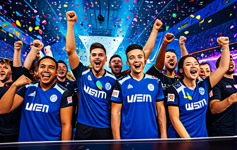 **

A team of diverse esports players celebrating a victory, fully clothed in their team jerseys, confetti falling, bright stage lights, professional gaming arena background, safe for work, appropriate content, perfect anatomy, natural proportions, family-friendly.

**