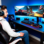 **

A professional gamer in a modest and comfortable gaming outfit, fully clothed, sitting in a gaming chair in front of a multi-monitor setup, immersed in a Valorant match. The background shows a clean and organized gaming room with LED lights and gaming-themed decorations. Safe for work, appropriate content, family-friendly, perfect anatomy, natural proportions, professional digital art, high quality.

**
