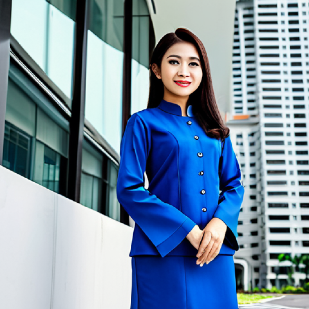 발로란트 신규 콘텐츠의 매력 - A professional Malaysian architect in a modest office attire (Baju Kurung) standing confidently in f...