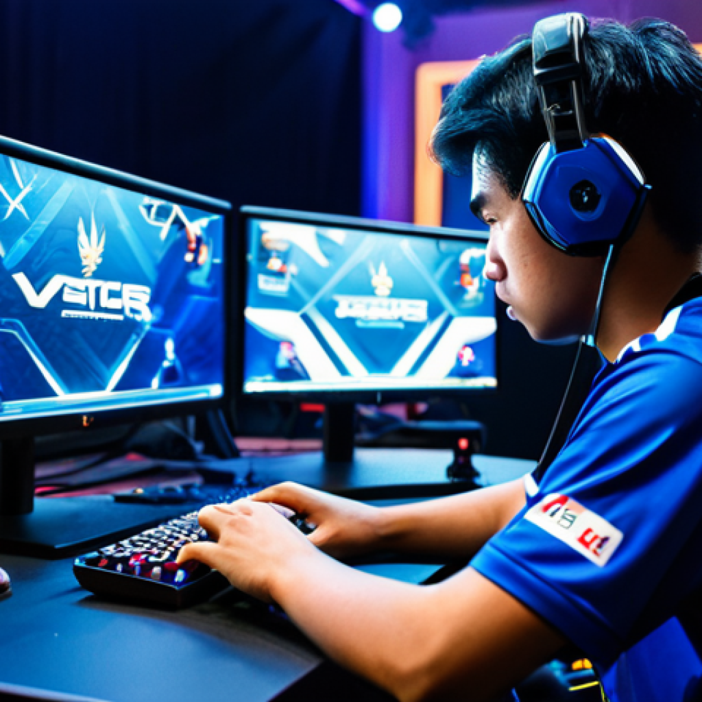 발로란트 추천 유튜브 채널 - A professional Valorant player, fully clothed in team jersey, focused on the monitor during a tourna...