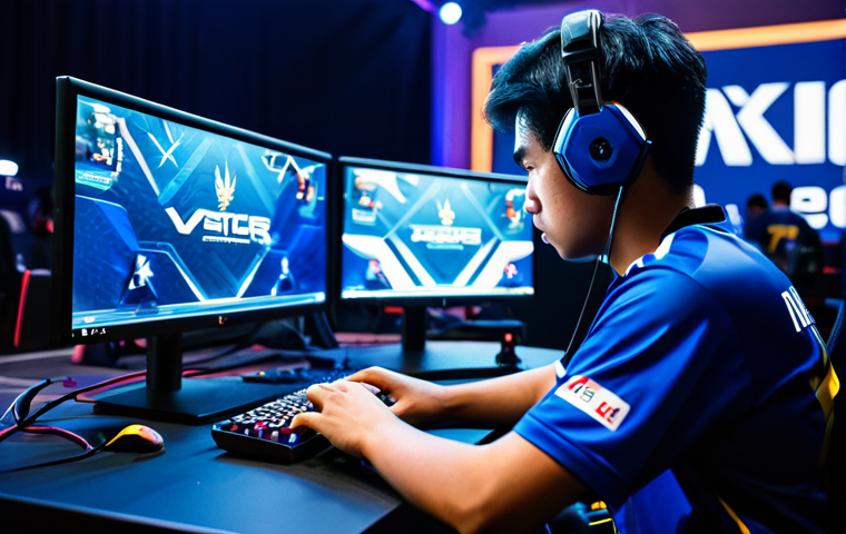 발로란트 추천 유튜브 채널 - A professional Valorant player, fully clothed in team jersey, focused on the monitor during a tourna...