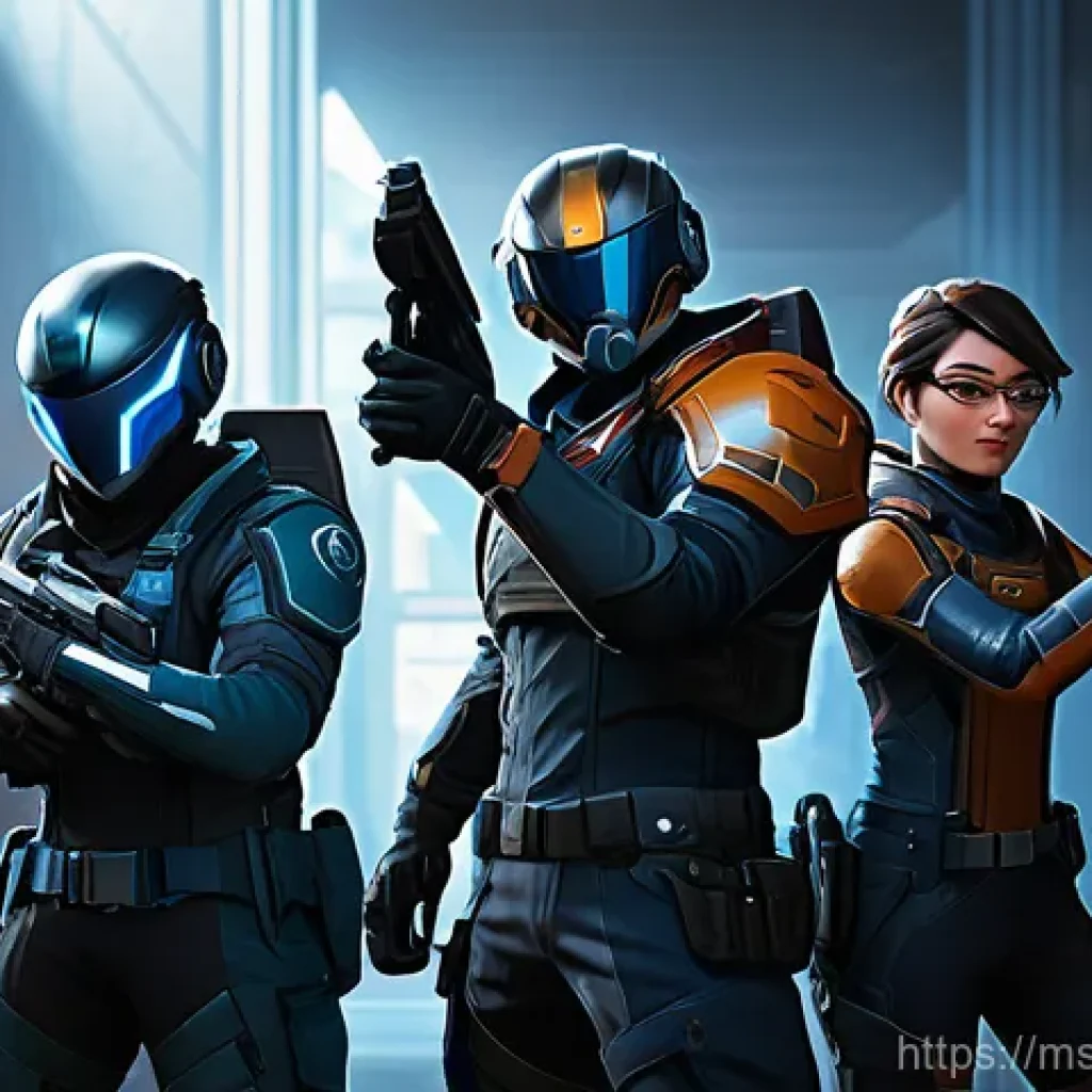 발로란트 경기 중 채팅 예절 - **Valorant Tactical Teamwork:** A dynamic, wide shot of a diverse Valorant team (e.g., Jett, Sova, S...