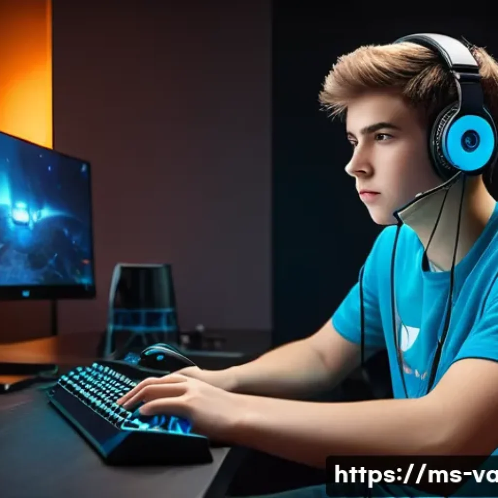 발로란트 유저 경험 콘텐츠 제작 - A focused young adult gamer, in their late teens, wearing a comfortable, modest t-shirt and jeans, s...