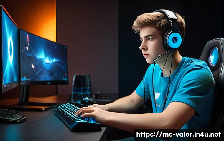 발로란트 유저 경험 콘텐츠 제작 - A focused young adult gamer, in their late teens, wearing a comfortable, modest t-shirt and jeans, s...