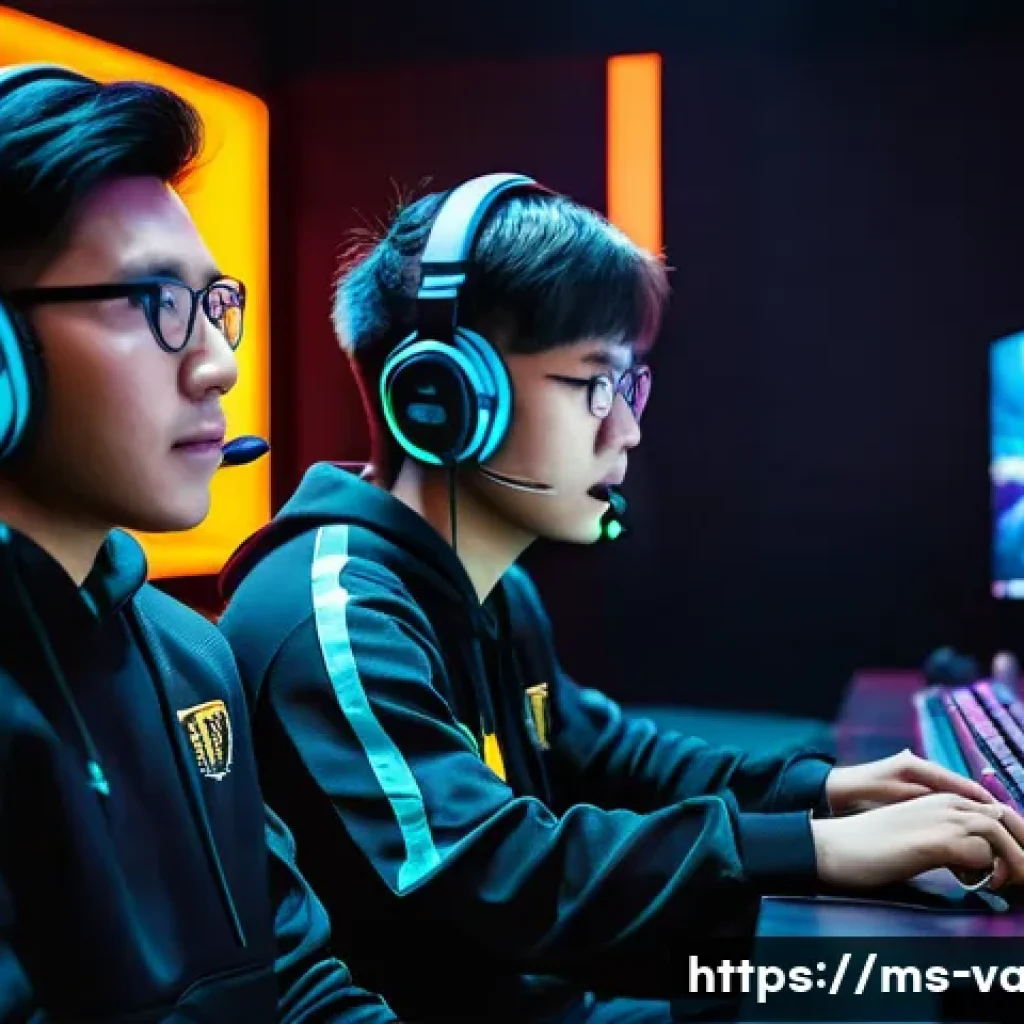 발로란트 e스포츠 프로팀 소식 - A dynamic esports team of young Southeast Asian Valorant players in a high-tech gaming arena, wearin...