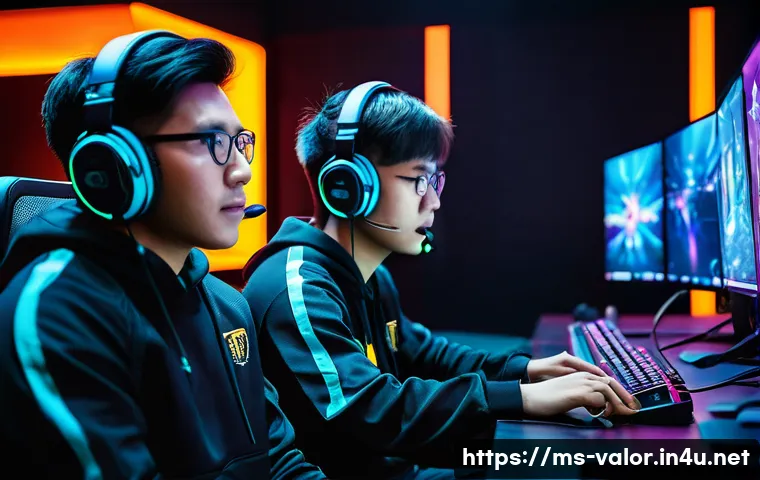 발로란트 e스포츠 프로팀 소식 - A dynamic esports team of young Southeast Asian Valorant players in a high-tech gaming arena, wearin...