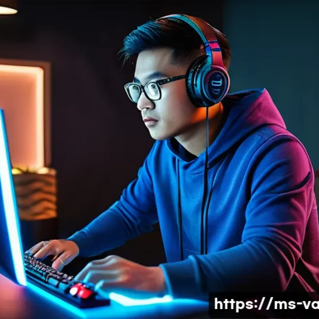 발로란트 PC 최적화 소프트웨어 - A dynamic gaming setup scene showing a mid-twenties Southeast Asian male gamer intensely playing Val...