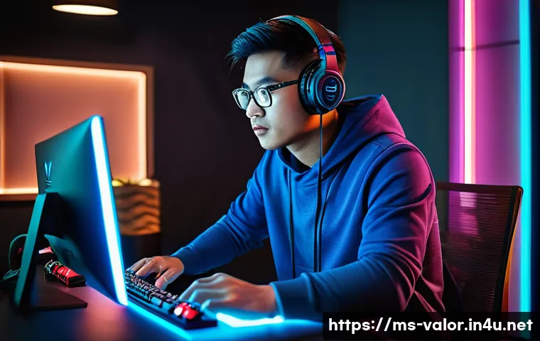 발로란트 PC 최적화 소프트웨어 - A dynamic gaming setup scene showing a mid-twenties Southeast Asian male gamer intensely playing Val...