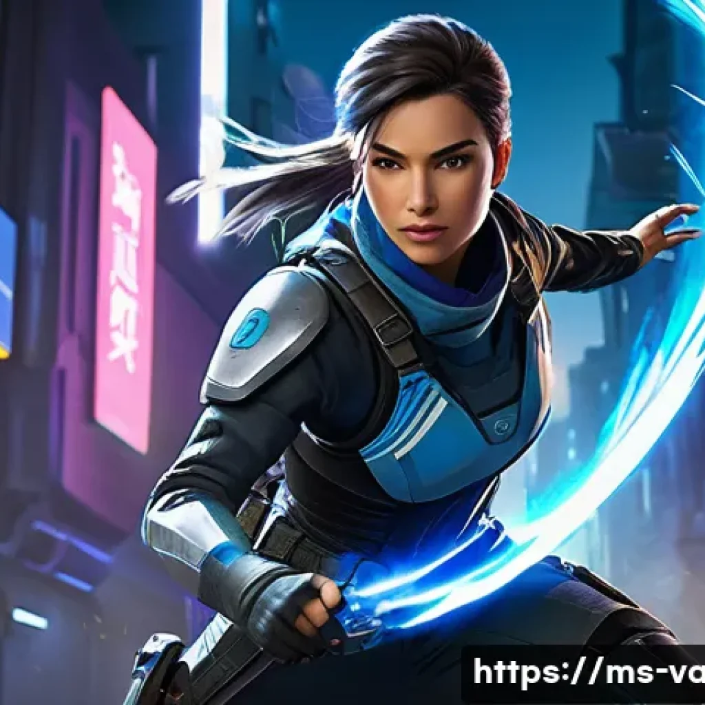 발로란트 스킬 메타 분석 - A dynamic action scene featuring Jett, a nimble female agent from Valorant, dressed in tactical comb...