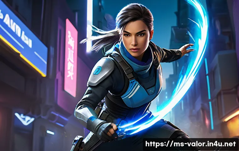 발로란트 스킬 메타 분석 - A dynamic action scene featuring Jett, a nimble female agent from Valorant, dressed in tactical comb...