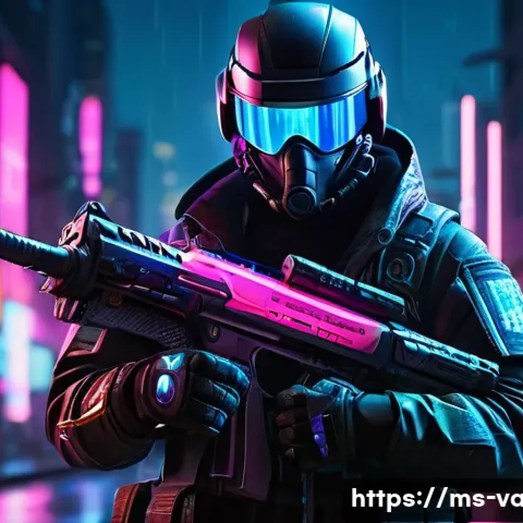 발로란트 스펙트럼 시리즈의 인기 요인 - A futuristic, neon-themed weapon skin set in a cyberpunk environment, featuring glowing vibrant blue...