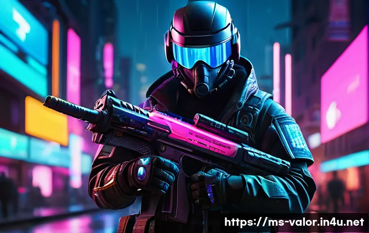 발로란트 스펙트럼 시리즈의 인기 요인 - A futuristic, neon-themed weapon skin set in a cyberpunk environment, featuring glowing vibrant blue...