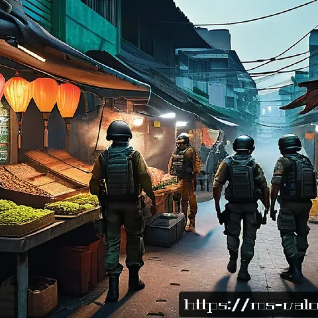 발로란트 신규 모드의 매력 - A dynamic Valorant game scene set in a complex, realistic Malaysian-inspired urban map at dusk, feat...