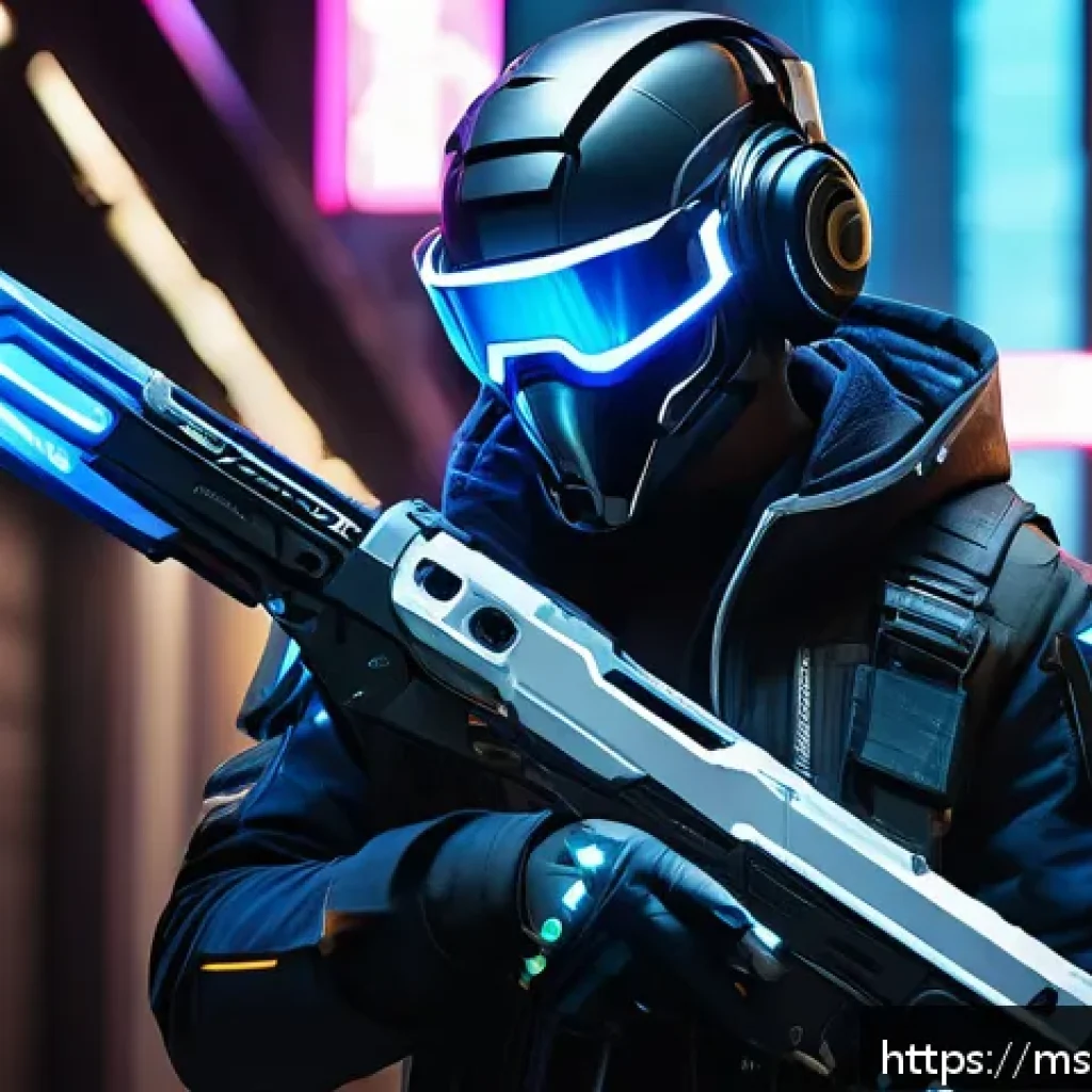 발로란트 스킨의 진화 과정 - A highly detailed futuristic Valorant Prime Vandal skin design showcasing sleek neon blue and white ...