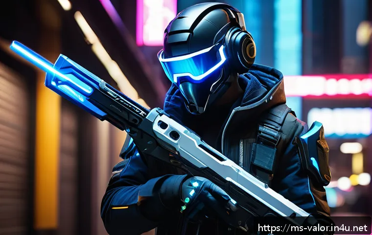 발로란트 스킨의 진화 과정 - A highly detailed futuristic Valorant Prime Vandal skin design showcasing sleek neon blue and white ...