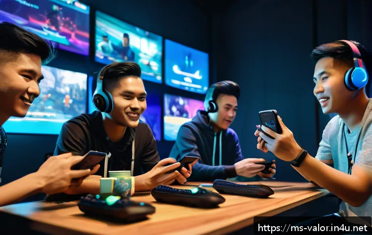 발로란트 모바일 지원 날짜 예측 - A dynamic scene showing a diverse group of Southeast Asian gamers in a cozy, modern room, intensely ...