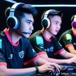 Home 20 발로란트 시즌별 플레이 차이 - A dynamic esports team scene in a modern Malaysian gaming arena, featuring diverse young players int...