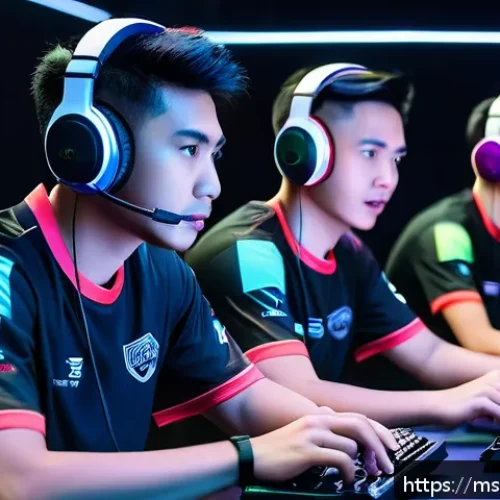 Home 32 발로란트 시즌별 플레이 차이 - A dynamic esports team scene in a modern Malaysian gaming arena, featuring diverse young players int...