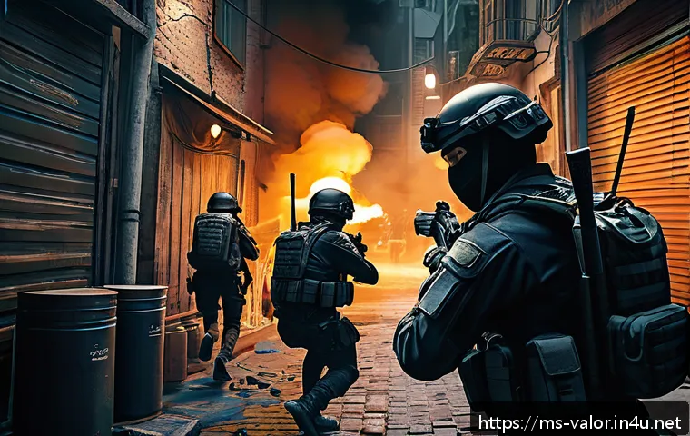 발로란트 총기 밸런스 조정 분석 - A tactical Valorant gameplay scene set in a dense urban map resembling Bind, featuring a diverse tea...