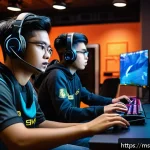 Home 23 발로란트 초보자 주의사항 - A dynamic esports training scene featuring a diverse group of young Malaysian Valorant players in a ...