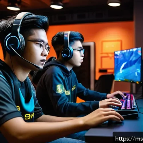 Home 17 발로란트 초보자 주의사항 - A dynamic esports training scene featuring a diverse group of young Malaysian Valorant players in a ...