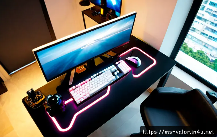 Home 30 발로란트 최고 효율 장비 - Photorealistic overhead view of an efficient competitive gaming desk setup in a modern Kuala Lumpur ...