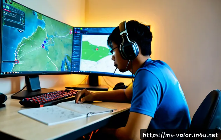 Home 17 발로란트 개인 전술 분석 - Photorealistic Malaysian esports player in a modern Kuala Lumpur gaming room, studying a tactical fi...