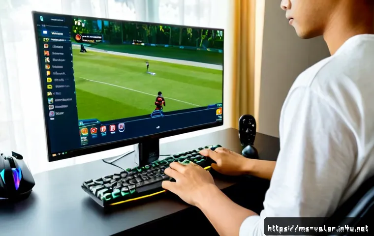 Home 17 발로란트 초보자 게임 설정법 - Photorealistic over-the-shoulder view of a young Malaysian adult gamer at a clean home desk, adjusti...