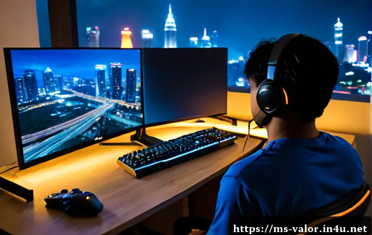 발로란트 시즌별 스토리 업데이트 - Photorealistic Malaysian esports enthusiast at a clean gaming desk in Kuala Lumpur at night, studyin...